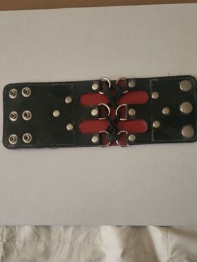 Black and Red Leather Lace-Up Snap Cuff Bracelet - Unbranded